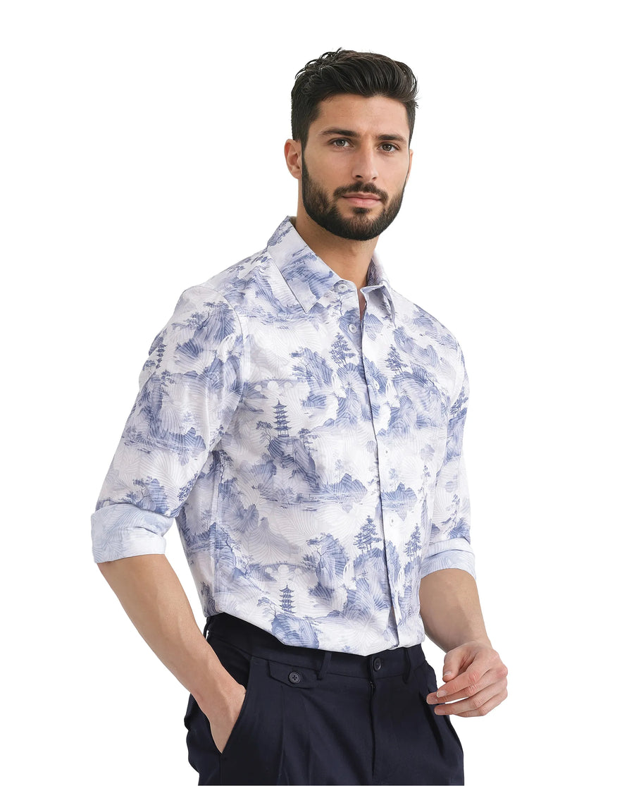 Rare Rabbit Men's Yashi Off White Cotton Abstract Print Regular Fit Full Sleeve Collared Shirt