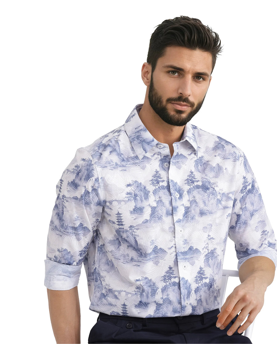 Rare Rabbit Men's Yashi Off White Cotton Abstract Print Regular Fit Full Sleeve Collared Shirt