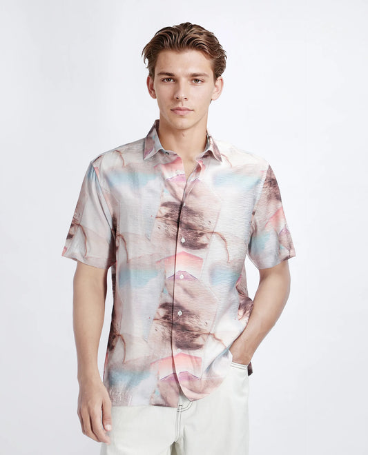 Rare Rabbit Men's Yat Beige Cotton Abstract Print Relaxed Fit Half Sleeve Collared Shirt