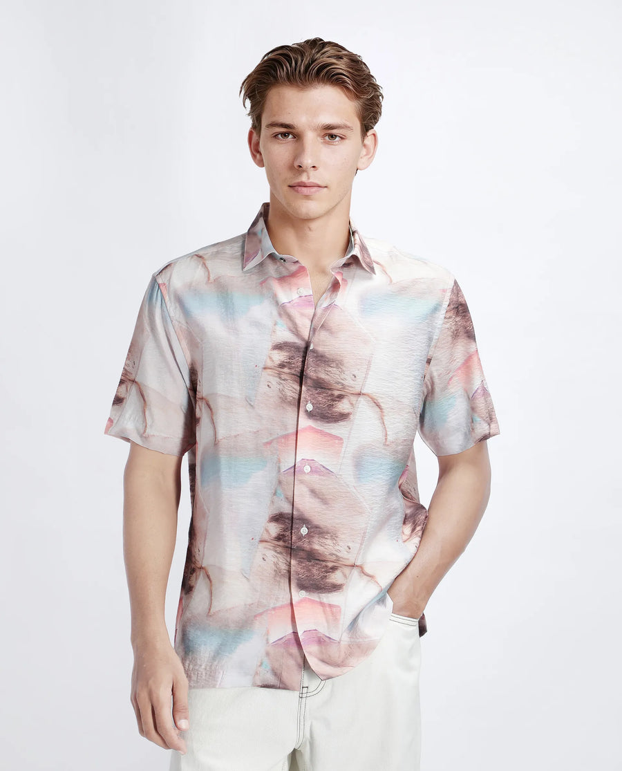 Rare Rabbit Men's Yat Beige Cotton Abstract Print Relaxed Fit Half Sleeve Collared Shirt