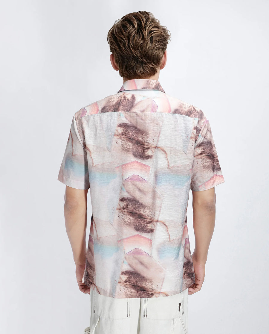 Rare Rabbit Men's Yat Beige Cotton Abstract Print Relaxed Fit Half Sleeve Collared Shirt