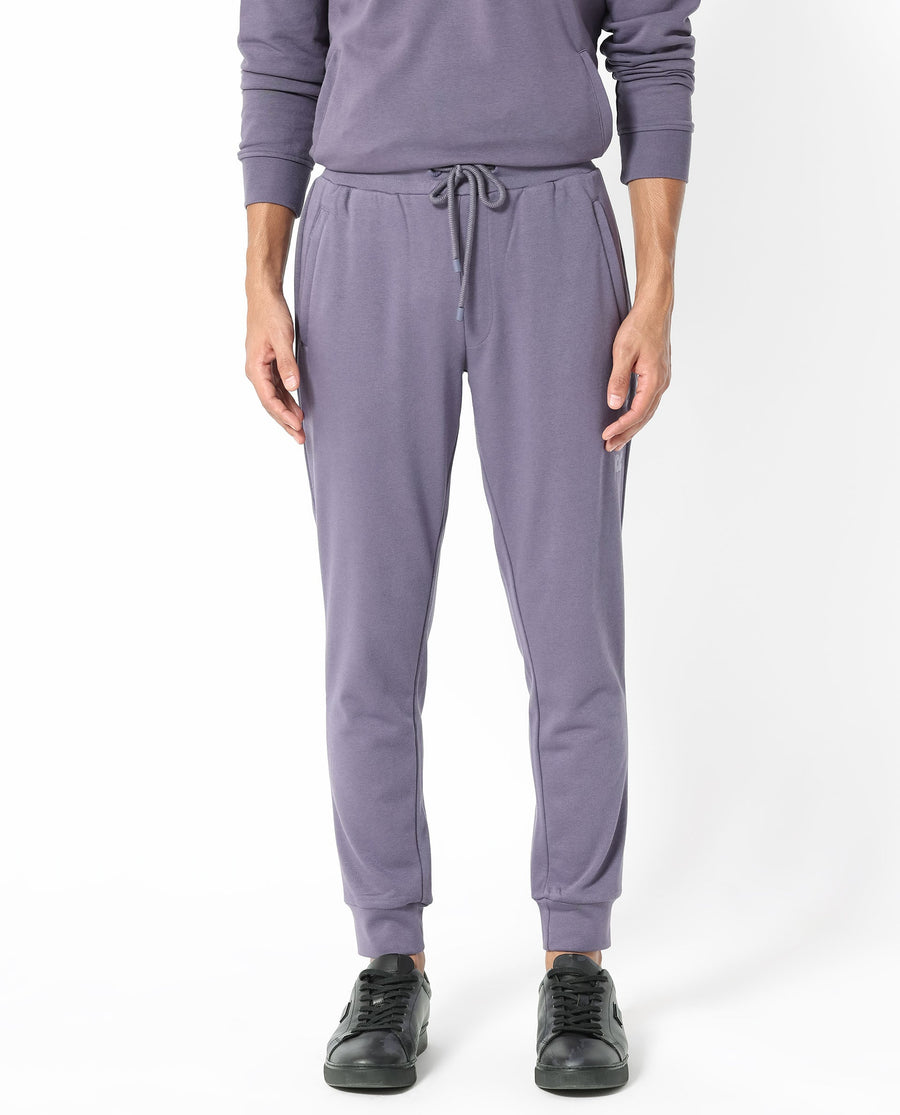 Rare Rabbit Men's Yazu Purple Cotton Embroidered Regular Fit Track Pant