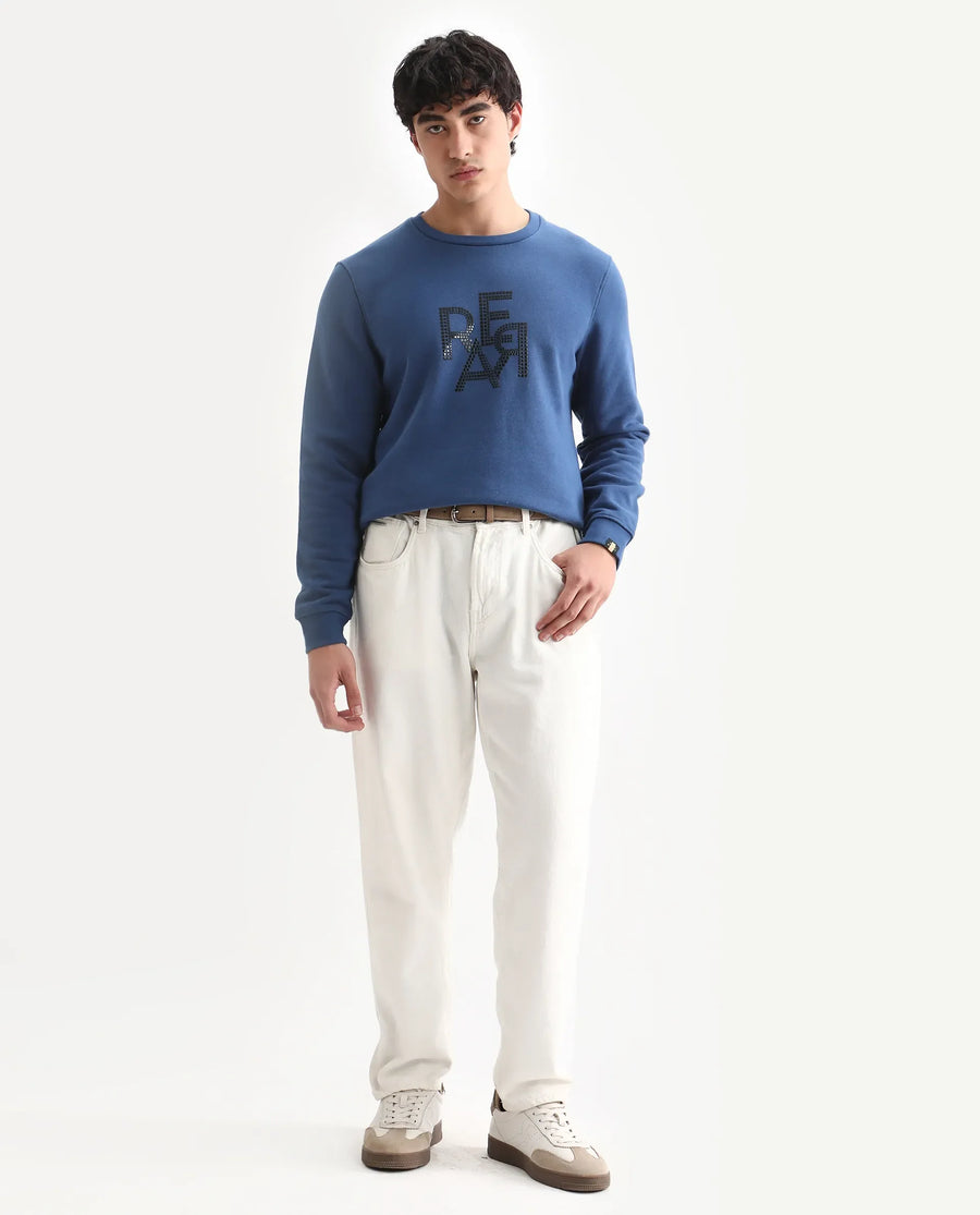 Rare Rabbit Men's Yevs Dark Blue Cotton Graphic Print Regular Fit Full Sleeve Crew Neck Sweatshirt