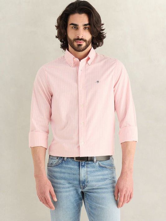 Gant Men Pink Striped Slim Fit Oxford Shirt