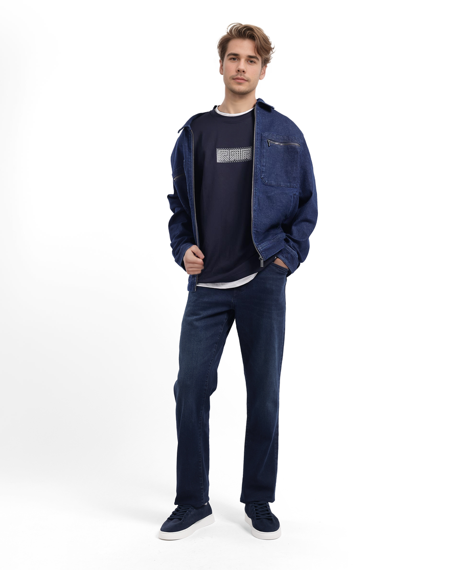 Rare Rabbit Men's Fobo Navy Cotton Blend Monogram Print Regular Fit Half Sleeve Crew Neck T-Shirt
