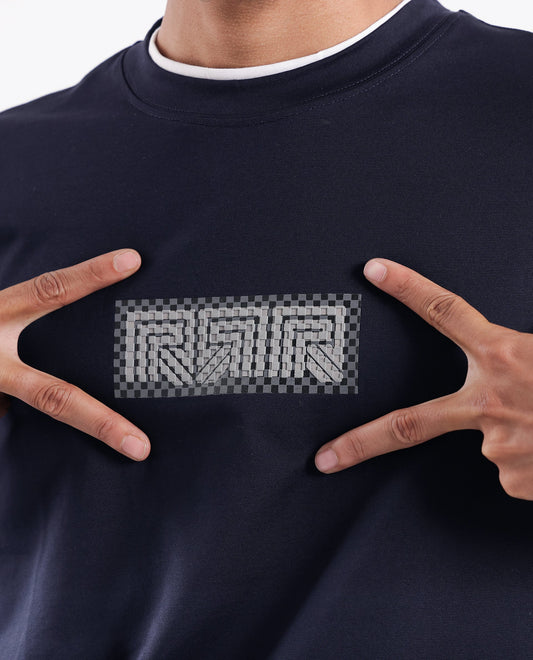 Rare Rabbit Men's Fobo Navy Cotton Blend Monogram Print Regular Fit Half Sleeve Crew Neck T-Shirt