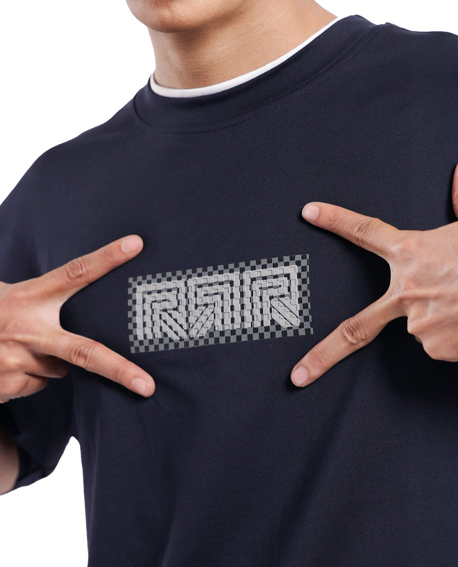 Rare Rabbit Men's Fobo Navy Cotton Blend Monogram Print Regular Fit Half Sleeve Crew Neck T-Shirt