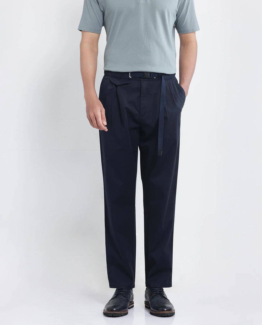 Rare Rabbit Men's Yocko Navy Cotton Blend Plain Baggy Fit Trouser