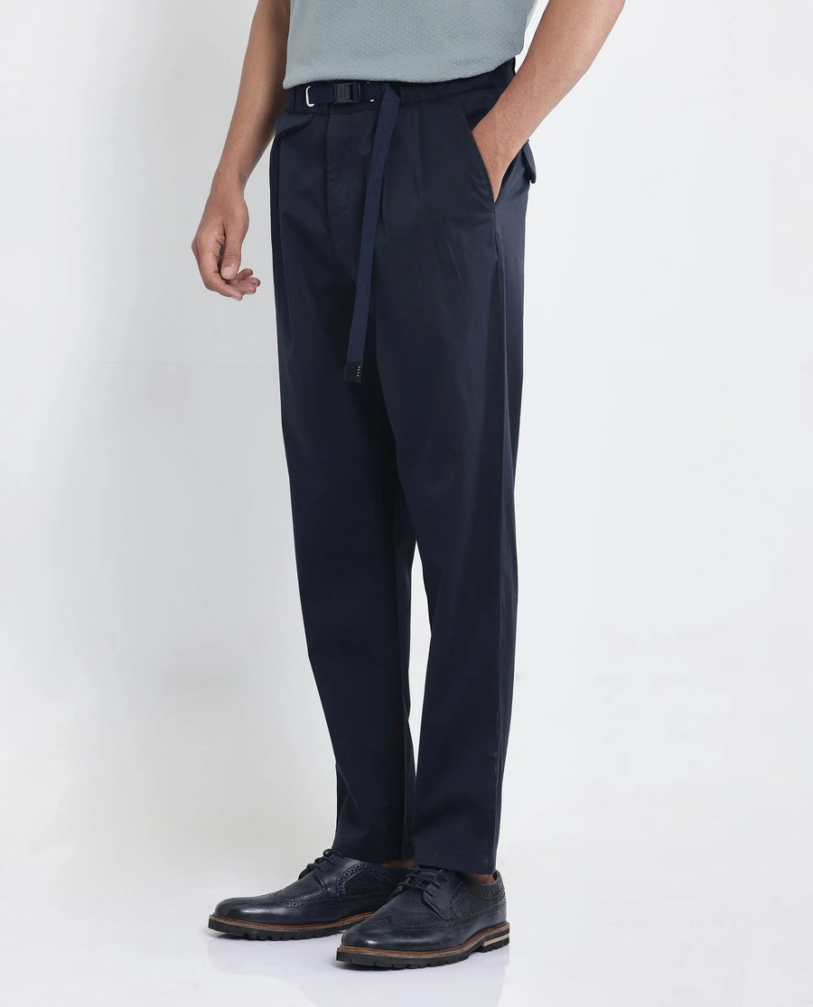 Rare Rabbit Men's Yocko Navy Cotton Blend Plain Baggy Fit Trouser