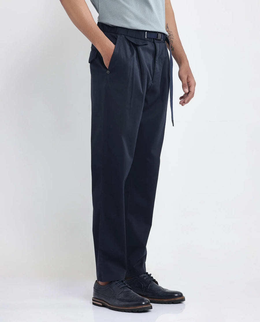 Rare Rabbit Men's Yocko Navy Cotton Blend Plain Baggy Fit Trouser