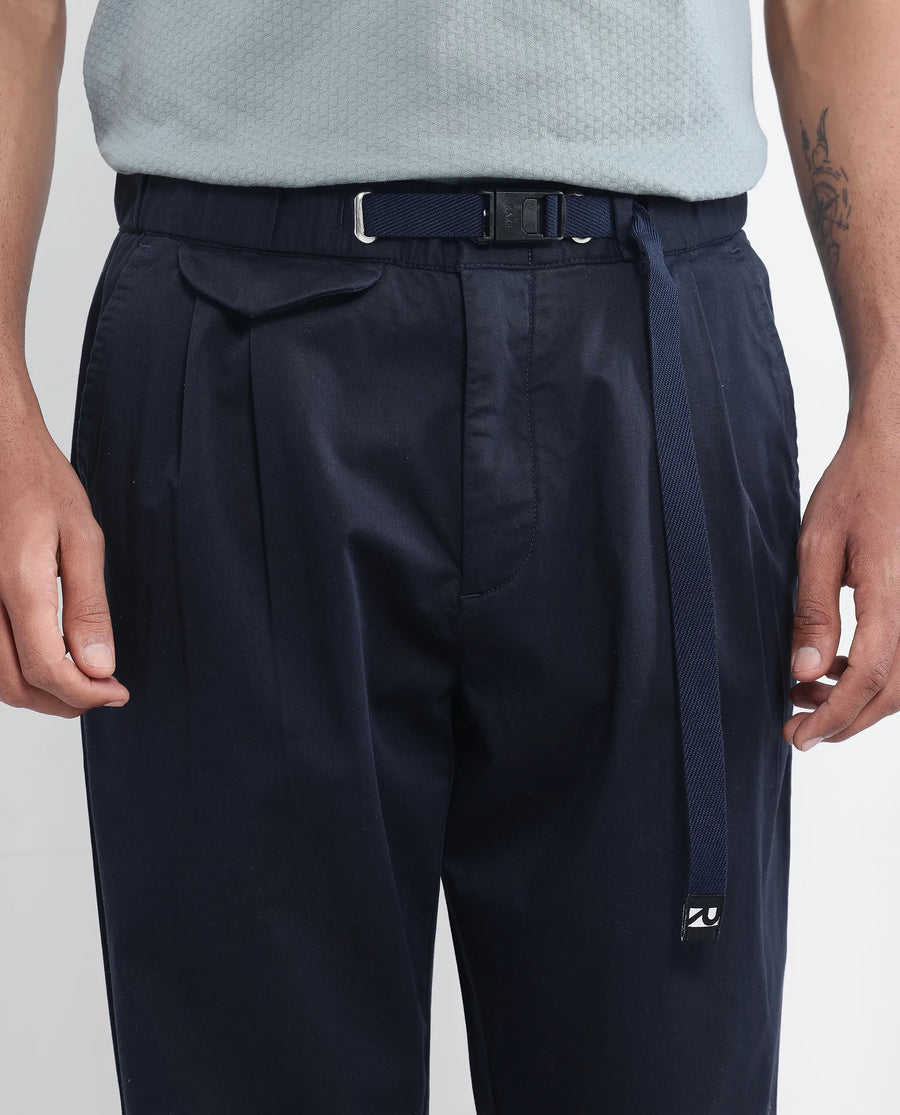 Rare Rabbit Men's Yocko Navy Cotton Blend Plain Baggy Fit Trouser