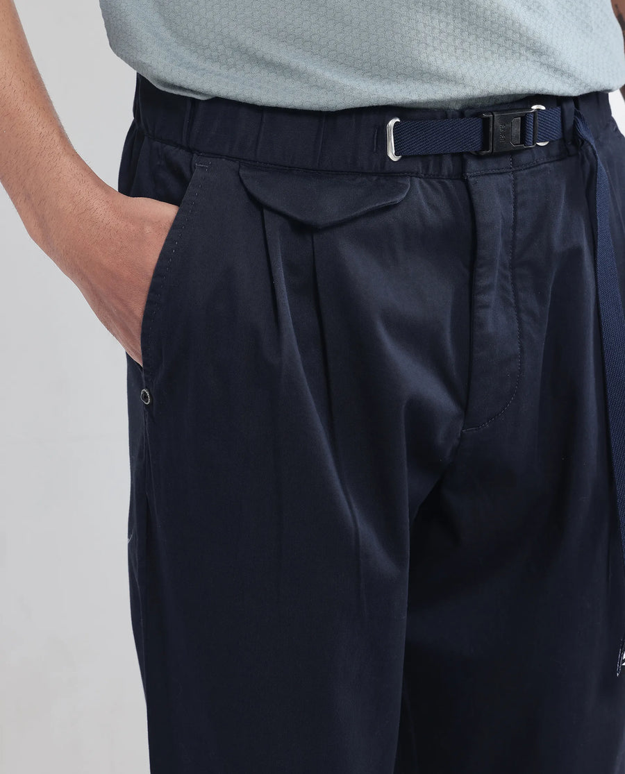 Rare Rabbit Men's Yocko Navy Cotton Blend Plain Baggy Fit Trouser