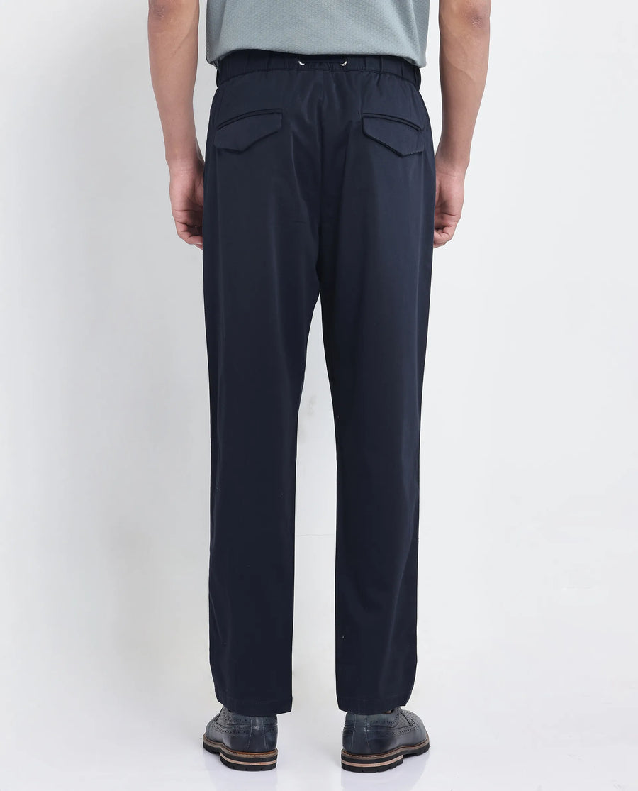 Rare Rabbit Men's Yocko Navy Cotton Blend Plain Baggy Fit Trouser