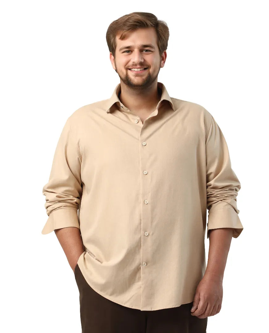 Rare Rabbit Men's Yok Big Beige Cotton Blend Fabric Full Sleeve Spread Collar Button Closure Regular Fit Plain Shirt