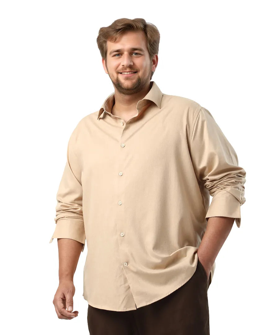Rare Rabbit Men's Yok Big Beige Cotton Blend Fabric Full Sleeve Spread Collar Button Closure Regular Fit Plain Shirt