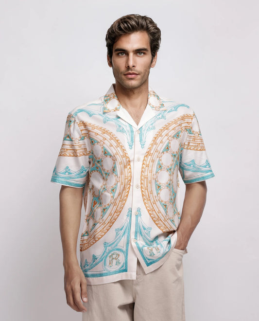 Rare Rabbit Men's Yokor Beige Cotton Blend Placement Print Boxy Fit Half Sleeve Cuban Collar Shirt