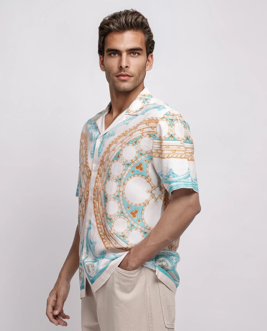 Rare Rabbit Men's Yokor Beige Cotton Blend Placement Print Boxy Fit Half Sleeve Cuban Collar Shirt