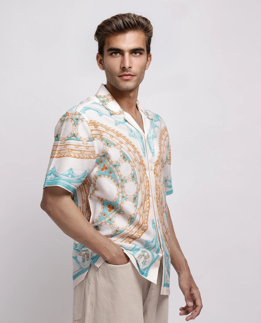 Rare Rabbit Men's Yokor Beige Cotton Blend Placement Print Boxy Fit Half Sleeve Cuban Collar Shirt