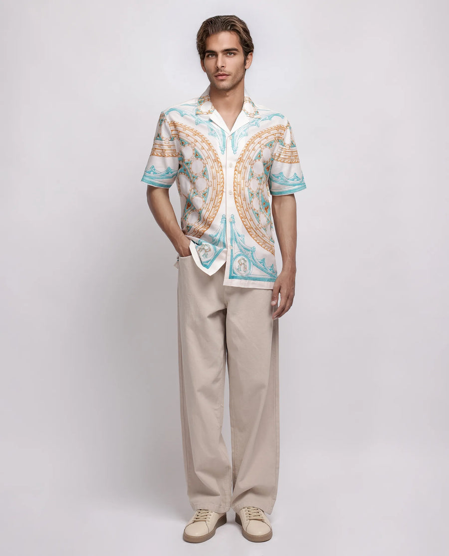 Rare Rabbit Men's Yokor Beige Cotton Blend Placement Print Boxy Fit Half Sleeve Cuban Collar Shirt