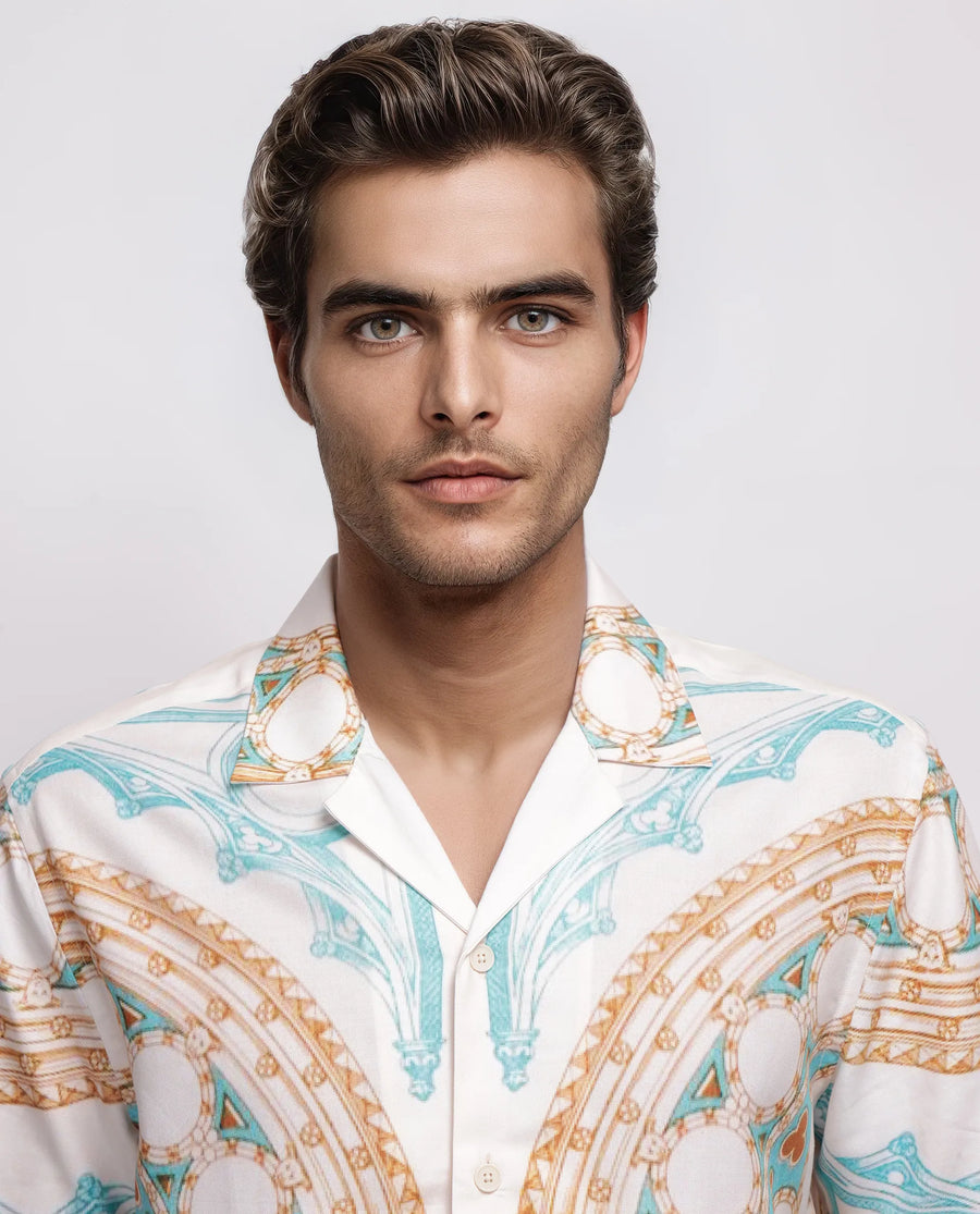 Rare Rabbit Men's Yokor Beige Cotton Blend Placement Print Boxy Fit Half Sleeve Cuban Collar Shirt