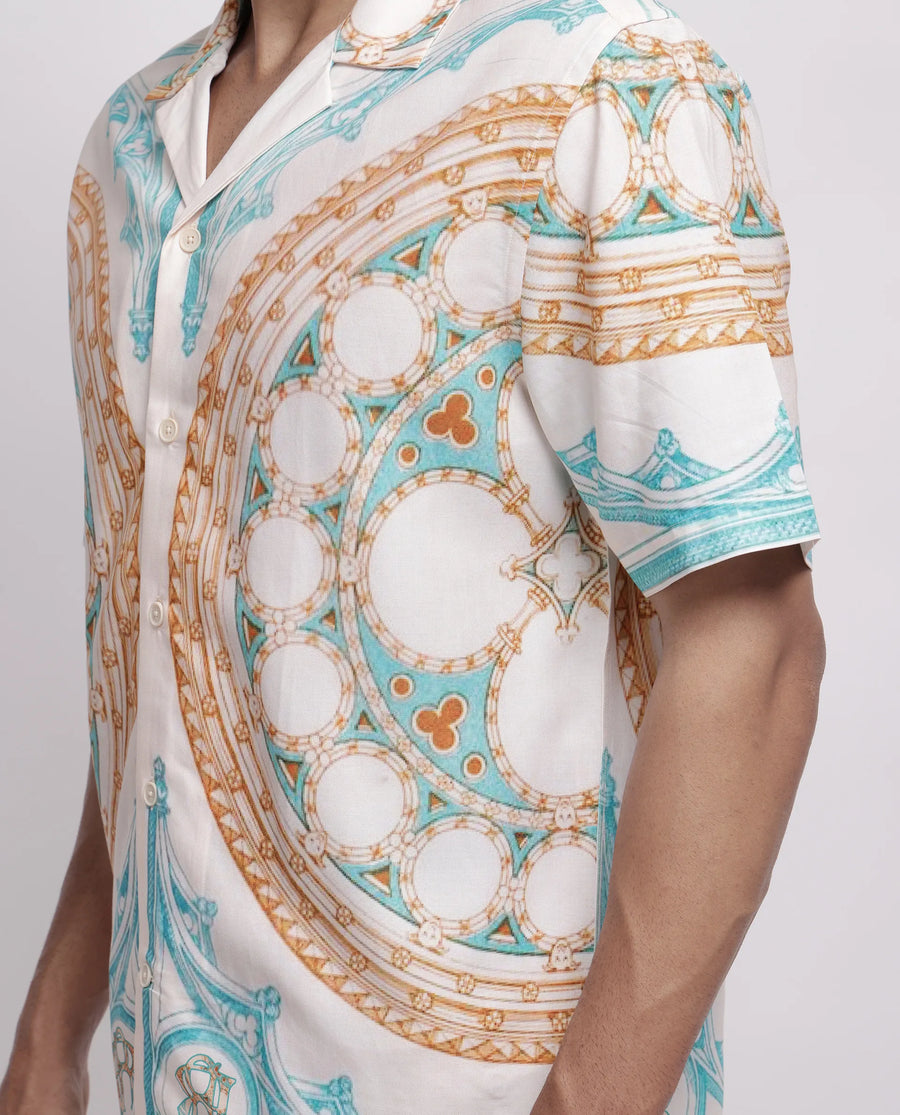 Rare Rabbit Men's Yokor Beige Cotton Blend Placement Print Boxy Fit Half Sleeve Cuban Collar Shirt