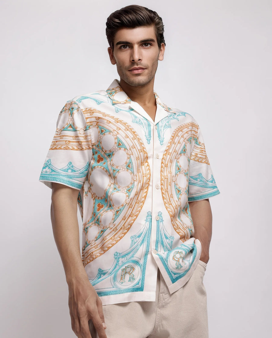 Rare Rabbit Men's Yokor Beige Cotton Blend Placement Print Boxy Fit Half Sleeve Cuban Collar Shirt