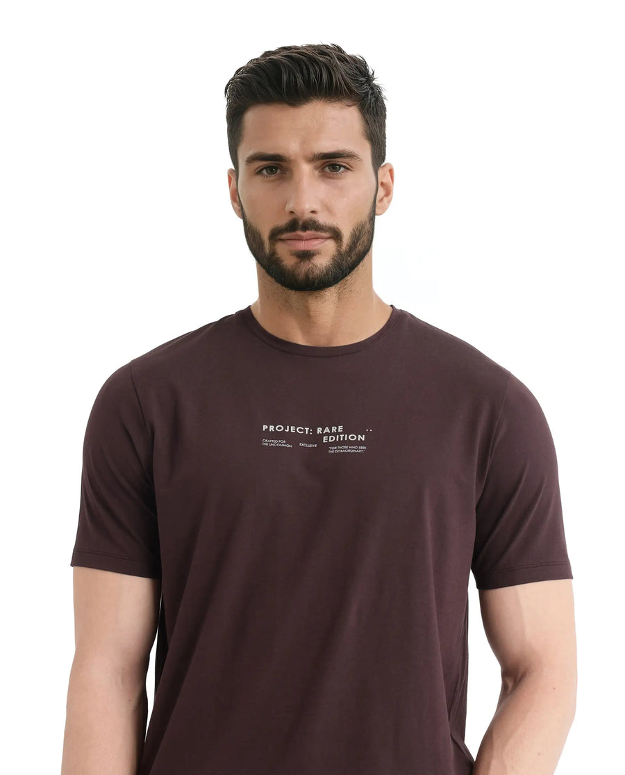 Rare Rabbit Men's Yolt Brown Cotton Graphic Print Regular Fit Half Sleeve Crew Neck T-Shirt