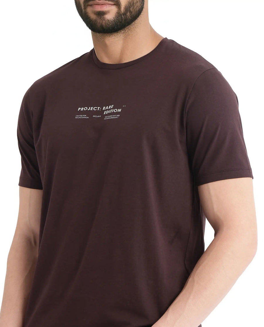 Rare Rabbit Men's Yolt Brown Cotton Graphic Print Regular Fit Half Sleeve Crew Neck T-Shirt