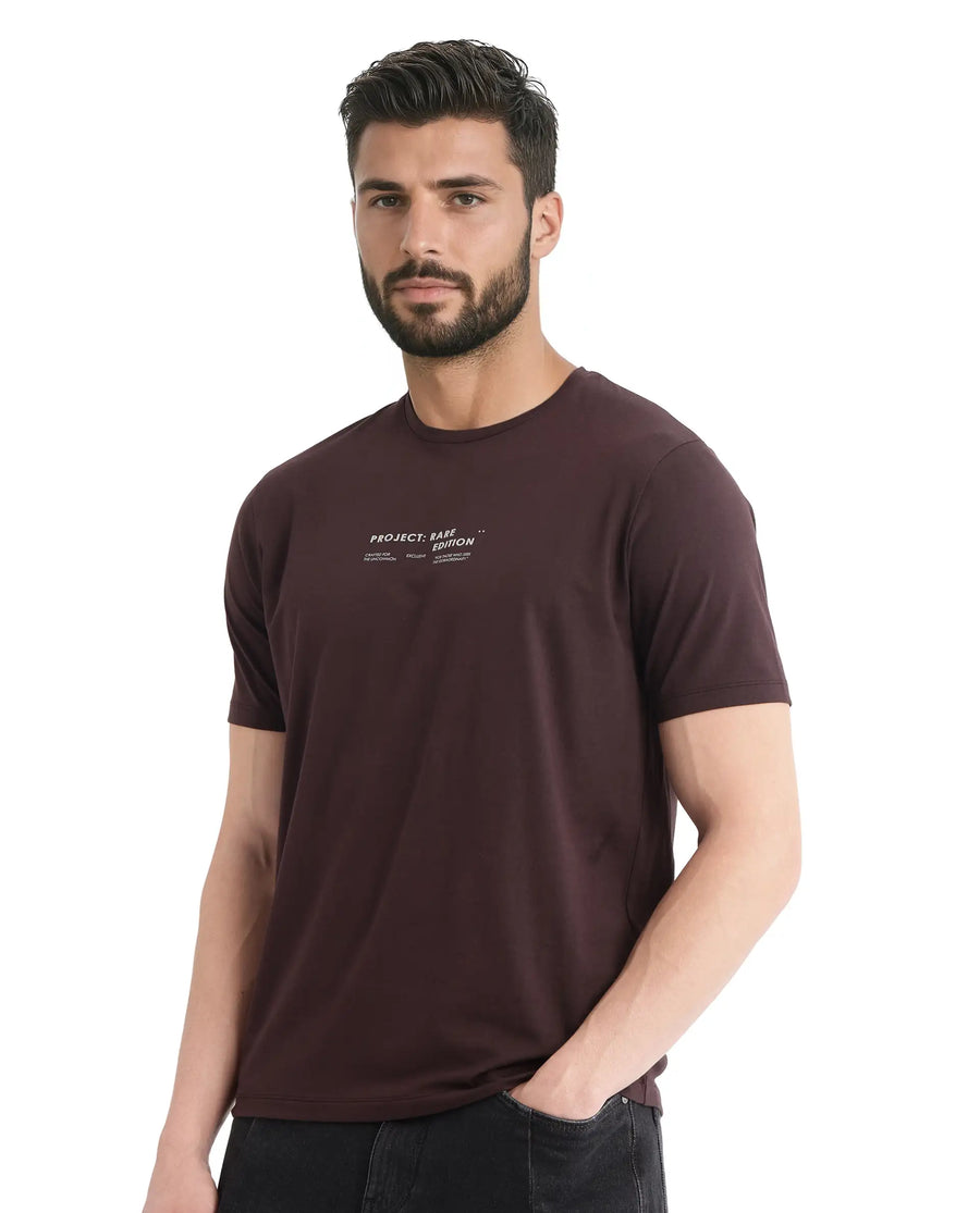 Rare Rabbit Men's Yolt Brown Cotton Graphic Print Regular Fit Half Sleeve Crew Neck T-Shirt