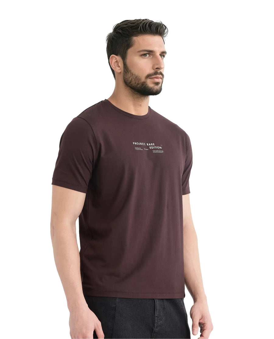 Rare Rabbit Men's Yolt Brown Cotton Graphic Print Regular Fit Half Sleeve Crew Neck T-Shirt