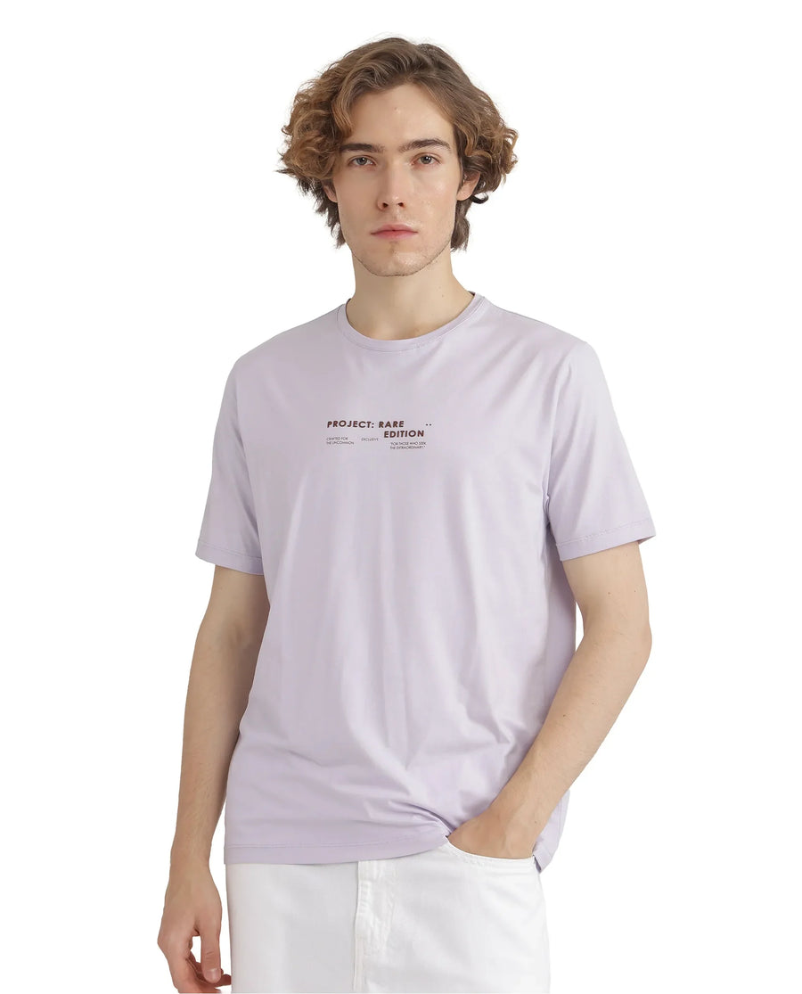 Rare Rabbit Men's Yolt Pastel Purple Cotton Blend Hd Print Regular Fit Half Sleeve Crew Neck T-Shirt