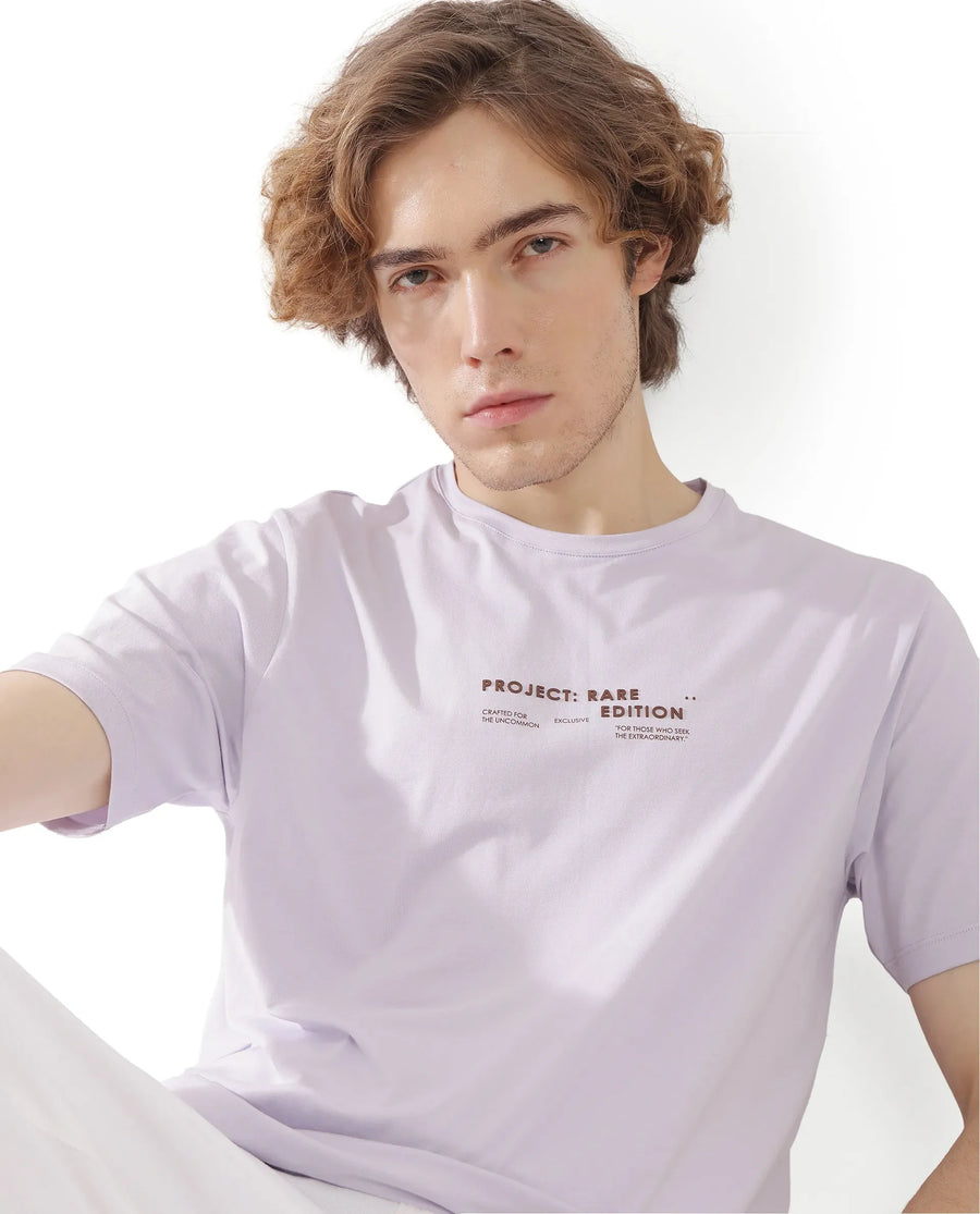 Rare Rabbit Men's Yolt Pastel Purple Cotton Blend Hd Print Regular Fit Half Sleeve Crew Neck T-Shirt