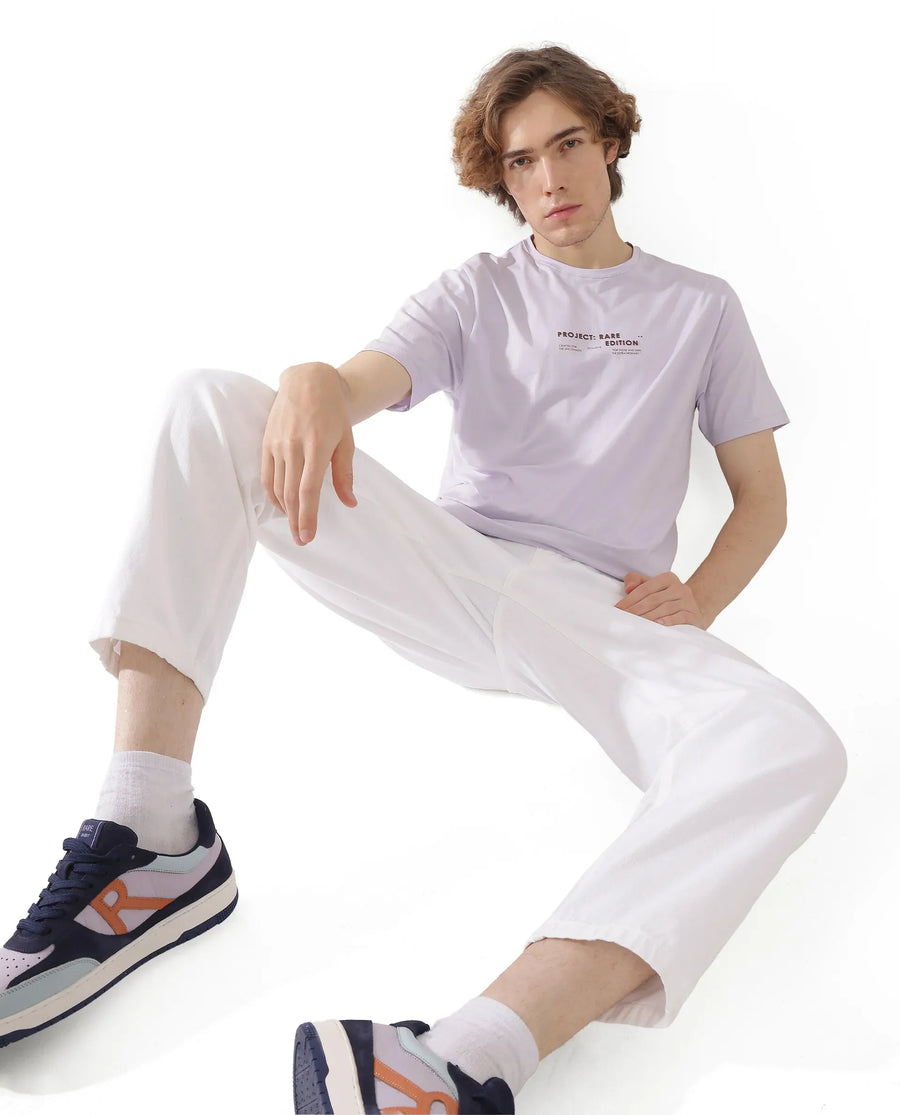 Rare Rabbit Men's Yolt Pastel Purple Cotton Blend Hd Print Regular Fit Half Sleeve Crew Neck T-Shirt