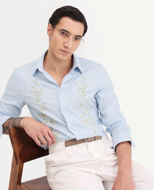 Rare Rabbit Men's Yorp Light Blue Cotton Fabric Full Sleeve Spread Collar Regular Fit Embroidered Shirt