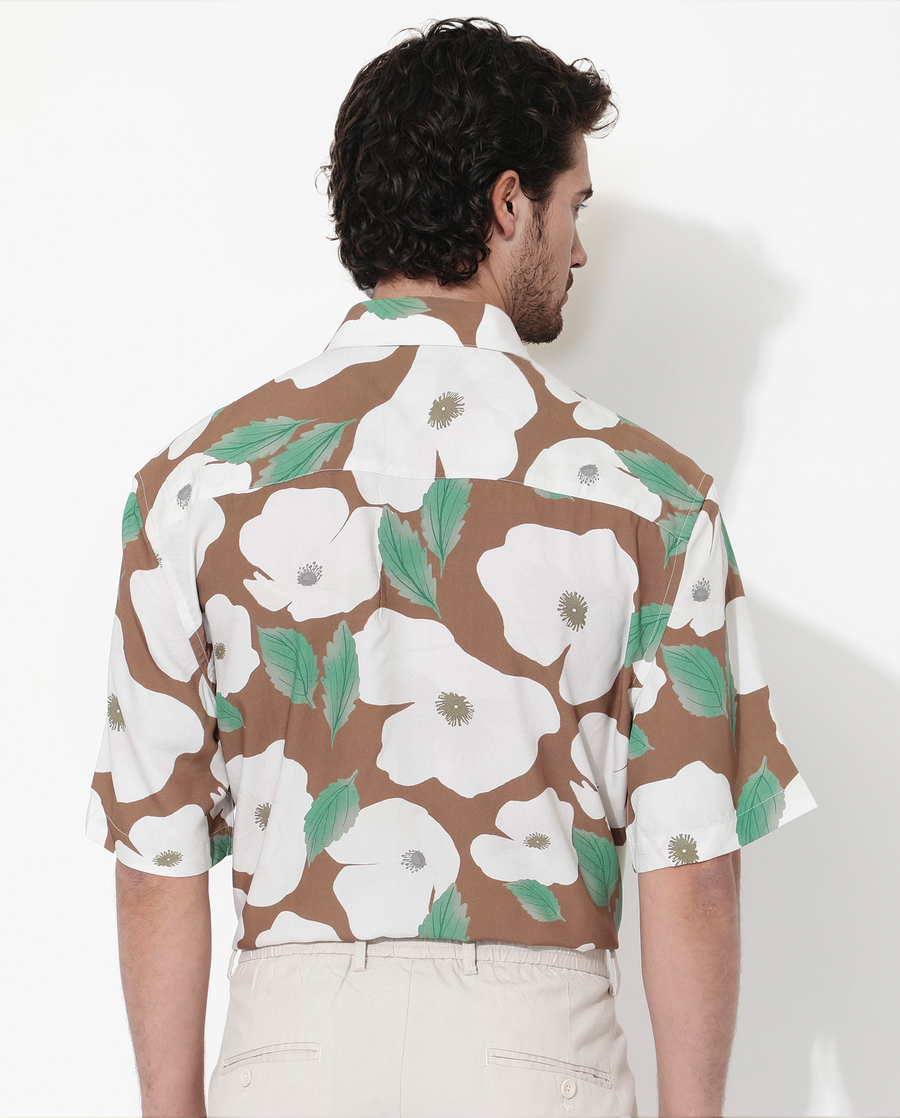 Rare Rabbit Men's Yuki Brown Viscose Floral Print Boxy Fit Half Sleeve Collared Shirt