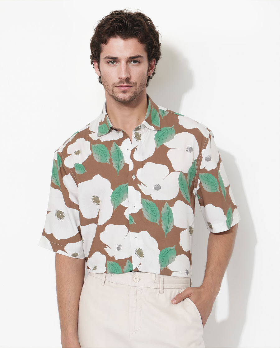 Rare Rabbit Men's Yuki Brown Viscose Floral Print Boxy Fit Half Sleeve Collared Shirt