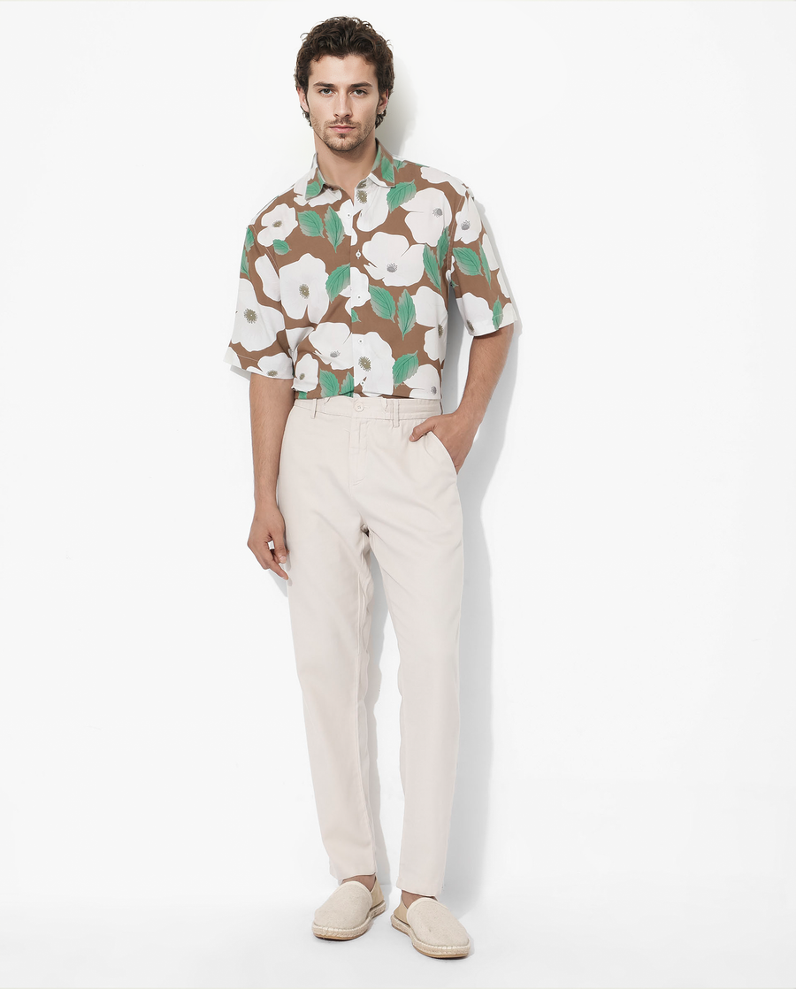 Rare Rabbit Men's Yuki Brown Viscose Floral Print Boxy Fit Half Sleeve Collared Shirt