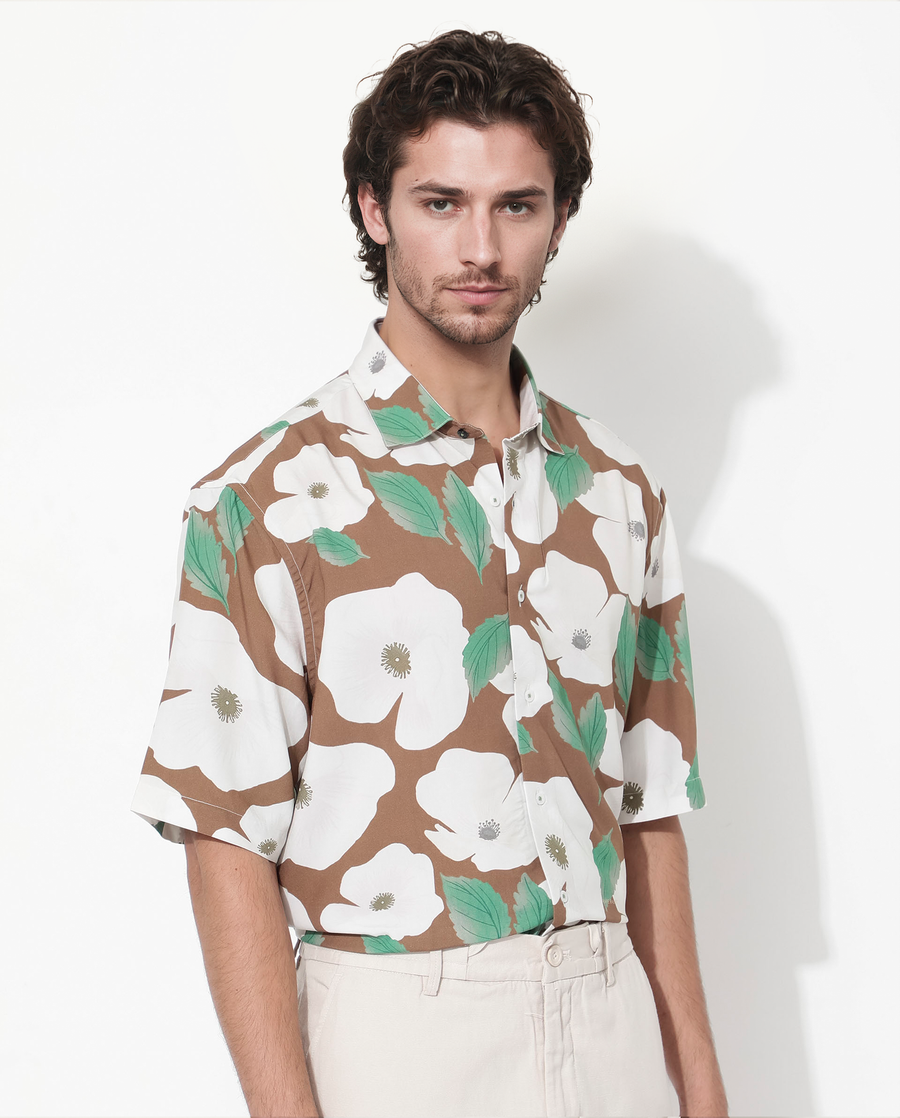 Rare Rabbit Men's Yuki Brown Viscose Floral Print Boxy Fit Half Sleeve Collared Shirt