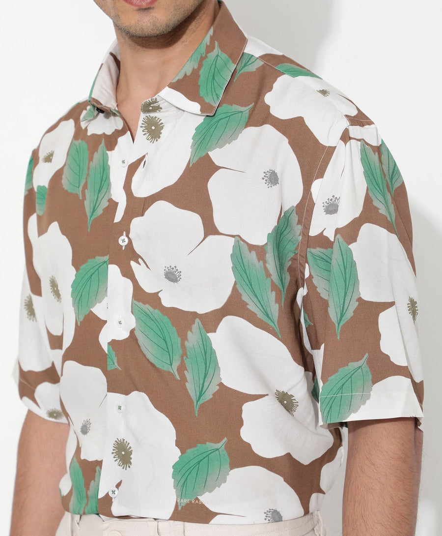 Rare Rabbit Men's Yuki Brown Viscose Floral Print Boxy Fit Half Sleeve Collared Shirt