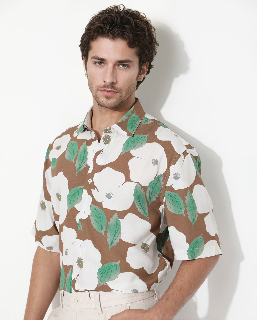 Rare Rabbit Men's Yuki Brown Viscose Floral Print Boxy Fit Half Sleeve Collared Shirt