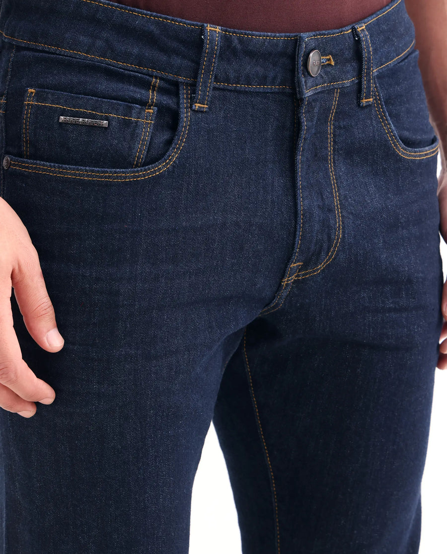 Rare Rabbit Men's Yukto H Dark Navy Cotton Blend Fabric Shank And Zipper Hawk Slim Plain Jeans