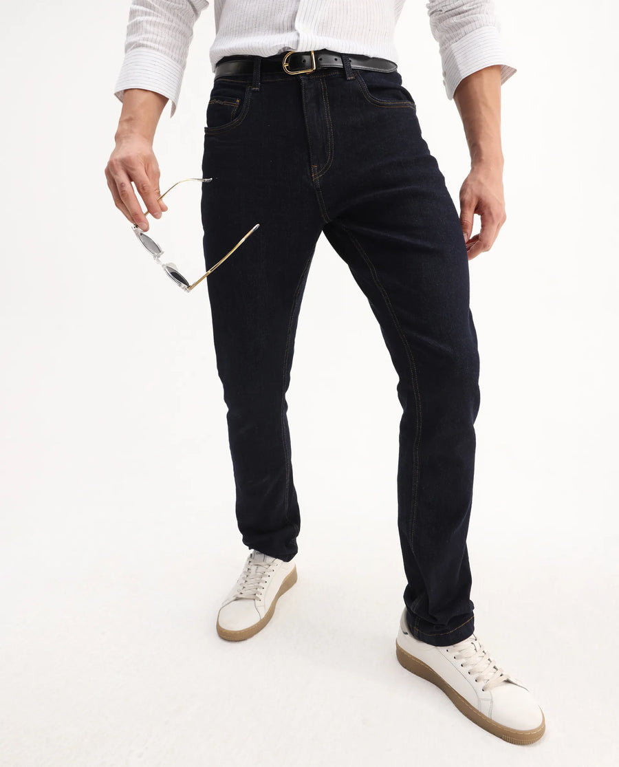 Rare Rabbit Men's Yukto Navy Cotton Plain Hawk Slim Fit Jeans