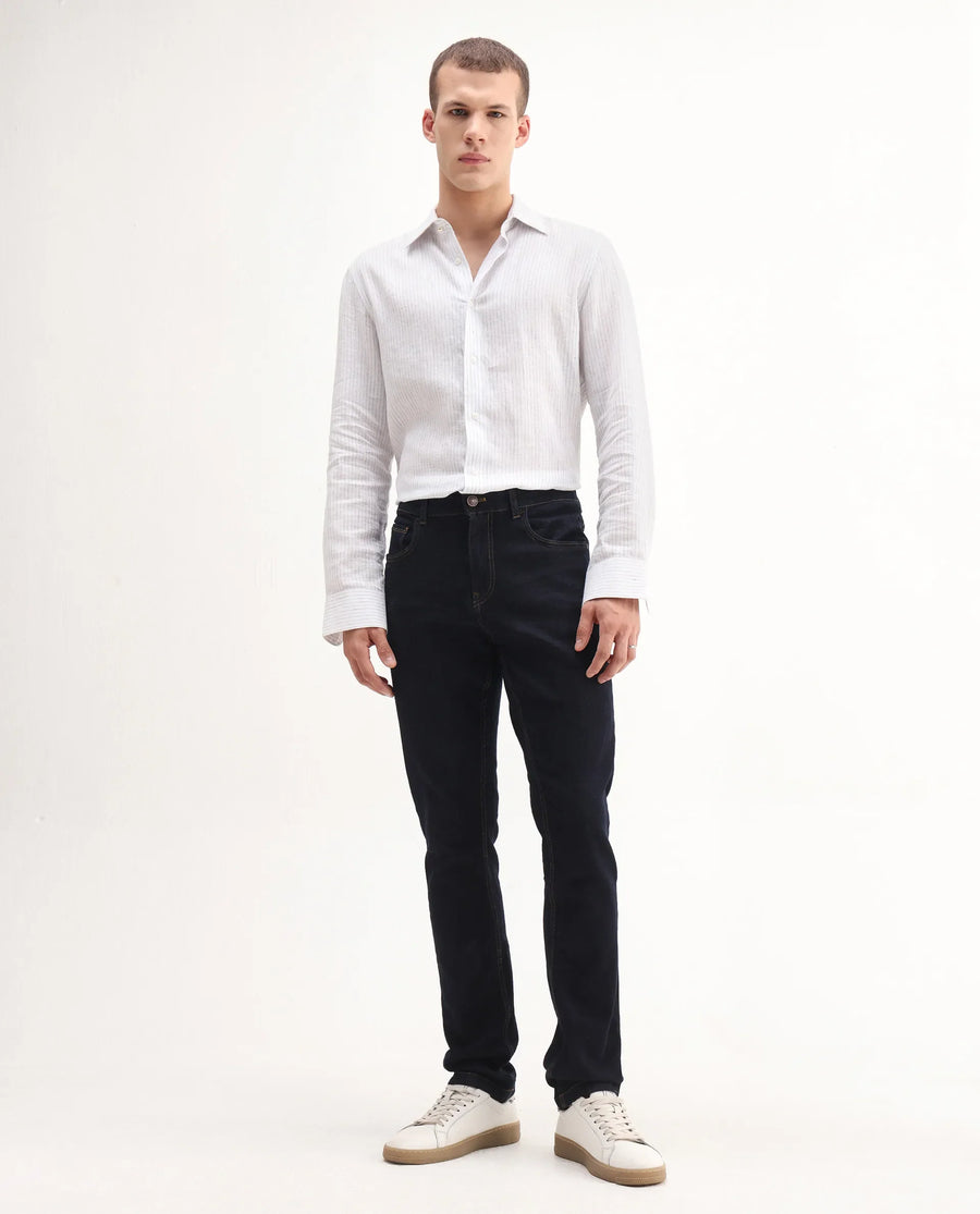 Rare Rabbit Men's Yukto Navy Cotton Plain Hawk Slim Fit Jeans