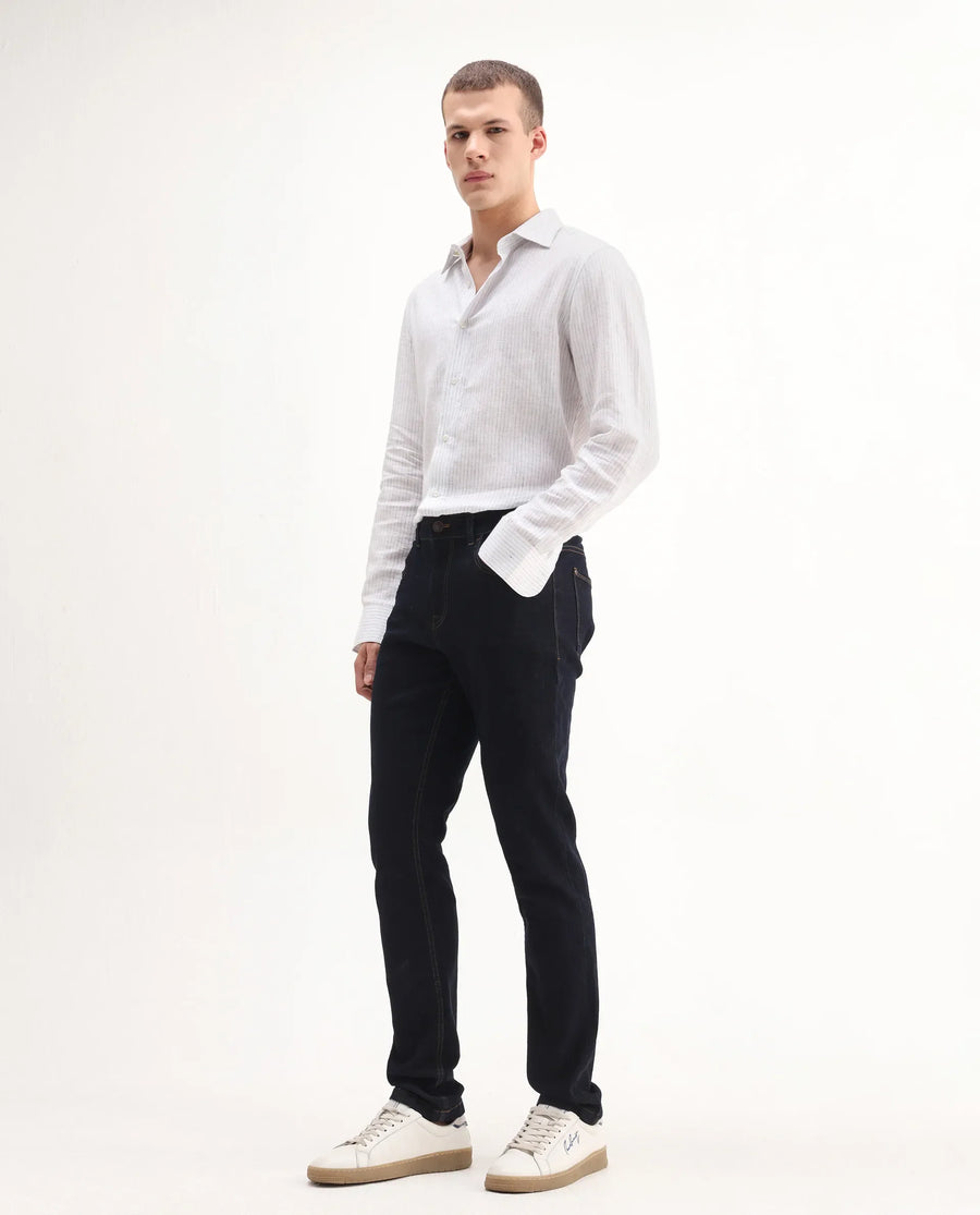 Rare Rabbit Men's Yukto Navy Cotton Plain Hawk Slim Fit Jeans
