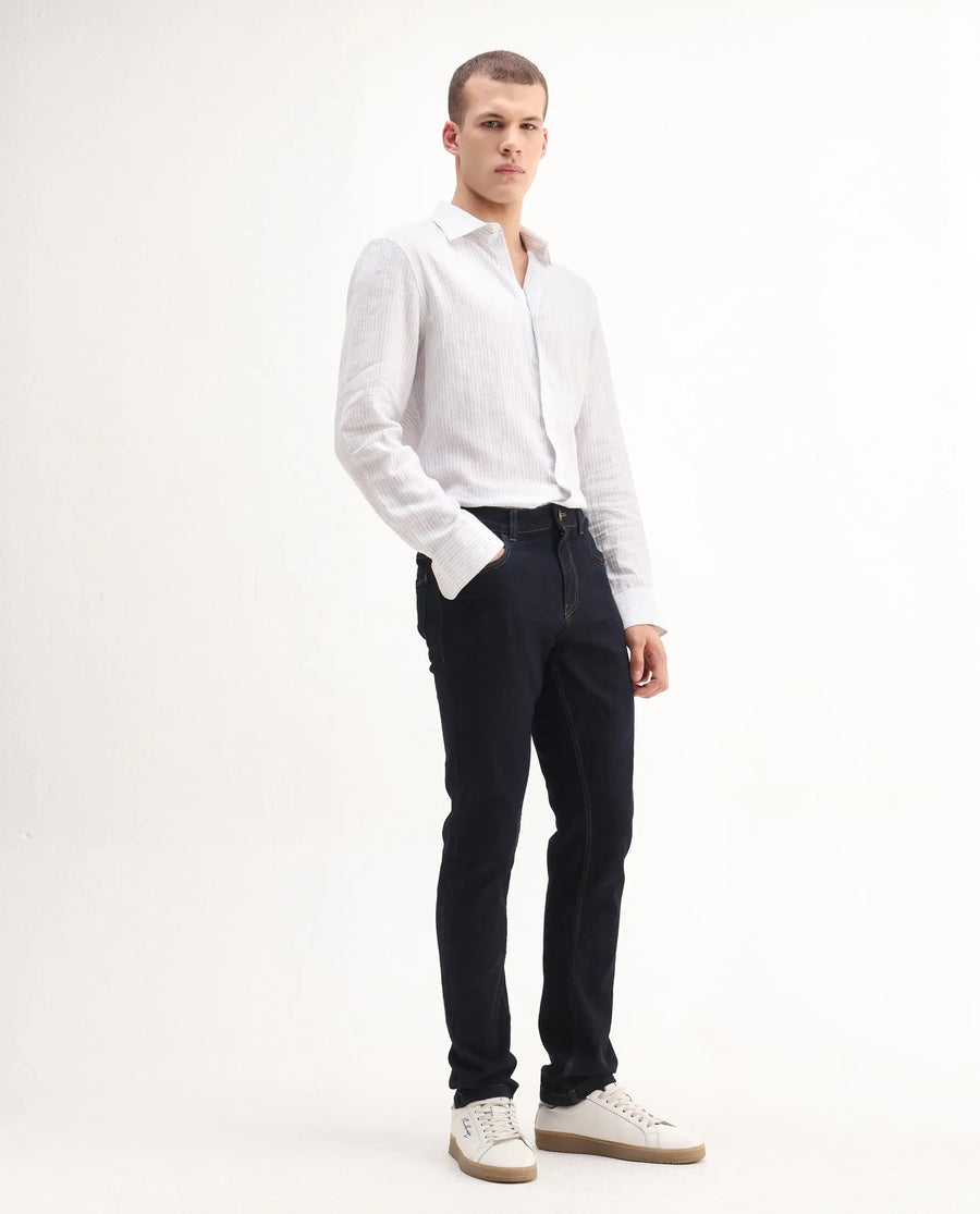 Rare Rabbit Men's Yukto Navy Cotton Plain Hawk Slim Fit Jeans