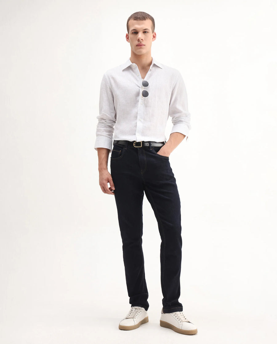 Rare Rabbit Men's Yukto Navy Cotton Plain Hawk Slim Fit Jeans