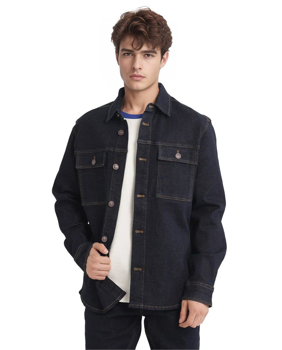 Rare Rabbit Men's Yulio Navy Cotton Plain Slim Fit Full Sleeve Spread Collar Jacket