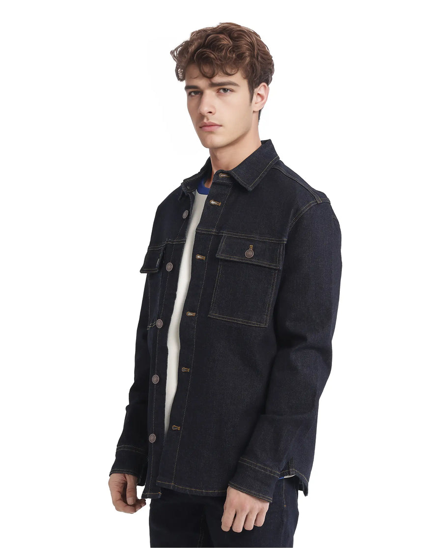 Rare Rabbit Men's Yulio Navy Cotton Plain Slim Fit Full Sleeve Spread Collar Jacket