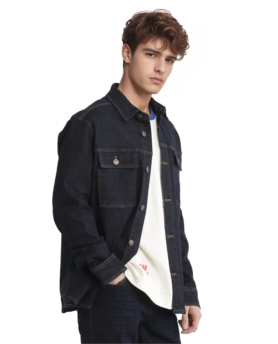 Rare Rabbit Men's Yulio Navy Cotton Plain Slim Fit Full Sleeve Spread Collar Jacket