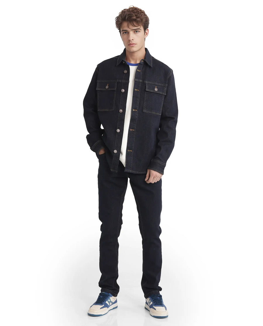 Rare Rabbit Men's Yulio Navy Cotton Plain Slim Fit Full Sleeve Spread Collar Jacket